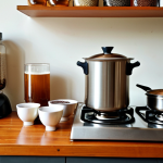 **A homebrewing setup in a modern Malaysian kitchen, showcasing a stainless steel brew pot on a gas stove, with various ingredients like roasted barley and chocolate malt displayed on a nearby wooden table. Focus on the warm, inviting atmosphere of a hobbyist brewer at work.**