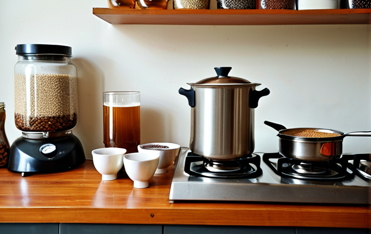 **A homebrewing setup in a modern Malaysian kitchen, showcasing a stainless steel brew pot on a gas stove, with various ingredients like roasted barley and chocolate malt displayed on a nearby wooden table. Focus on the warm, inviting atmosphere of a hobbyist brewer at work.**